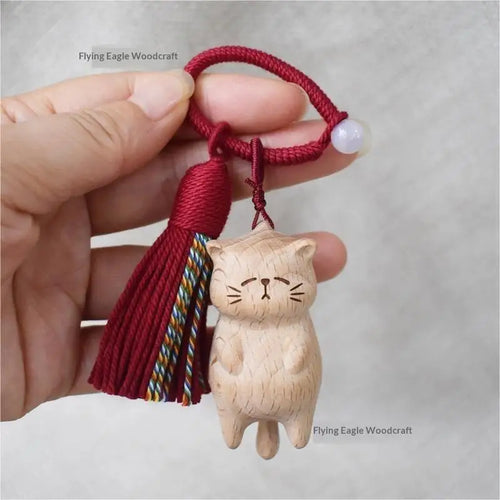 Cute Hand Carved Retro Cat Keychain Natural Wooden Kitty Tassel Charm Bag Pendant Unique Gift for Cat Enthusiasts