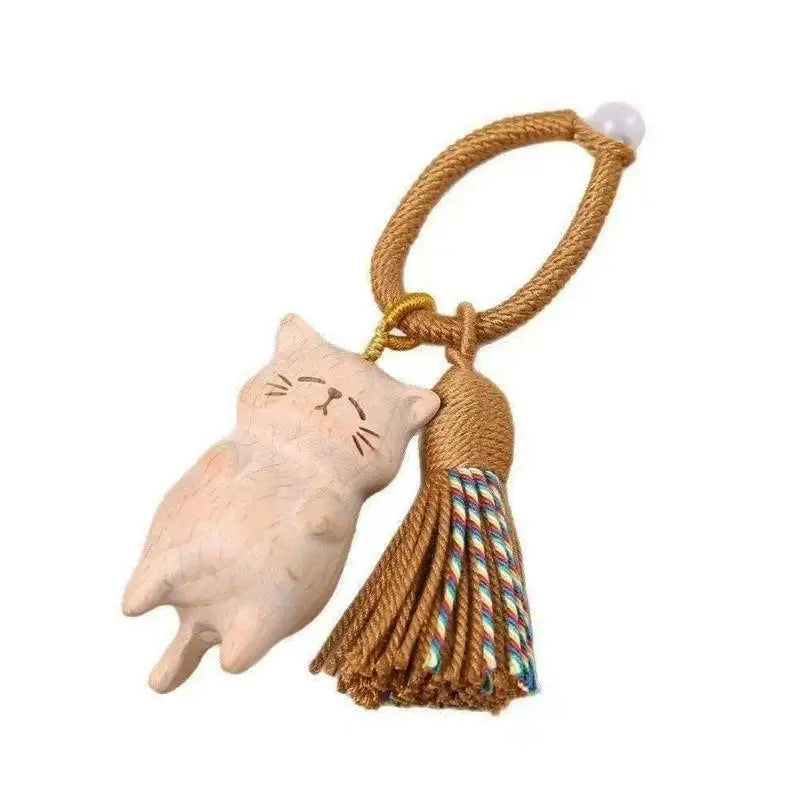 Cute Hand Carved Retro Cat Keychain Natural Wooden Kitty Tassel Charm Bag Pendant Unique Gift for Cat Enthusiasts