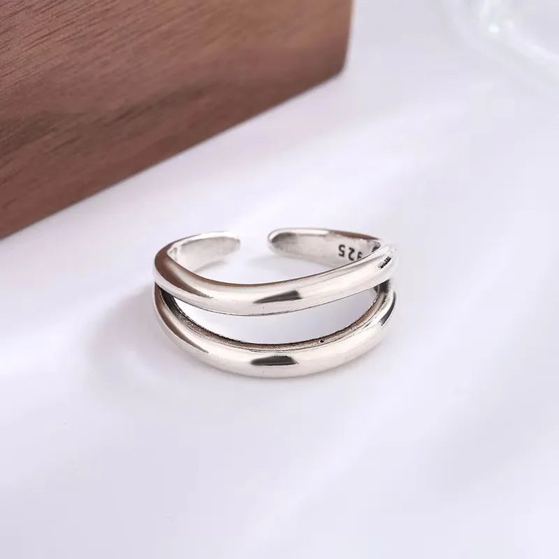 PANJBJ 925 Sterling Silver Thick Double Layer Ring for Women Girl Gift Minimalism Neutral Opening Wide Jewelry Dropshipping
