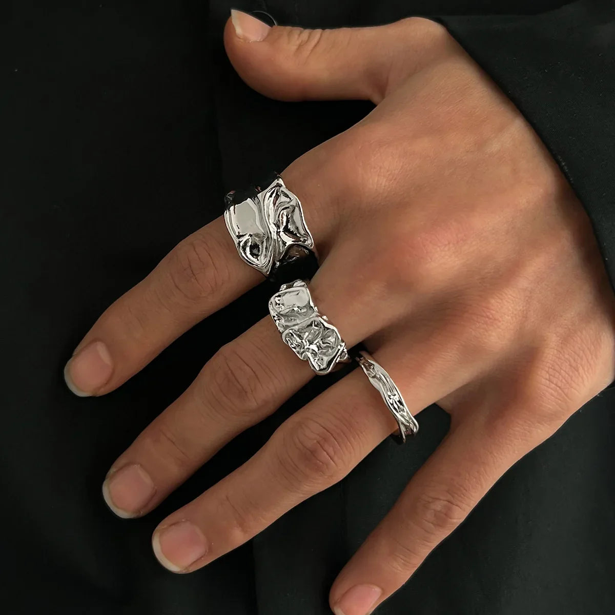 3Pcs Vintage Irregular Pleated Open Ring for Women Men Vintage Punk Liquid Metal Style Finger Y2K Accessories Fashion Jewelry