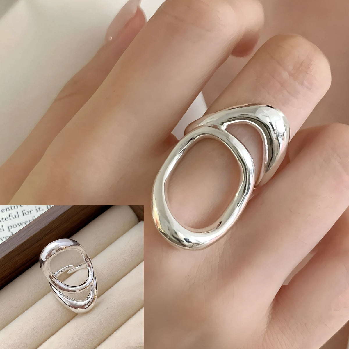 PANJBJ 925 Sterling Silver Thick Double Layer Ring for Women Girl Gift Minimalism Neutral Opening Wide Jewelry Dropshipping