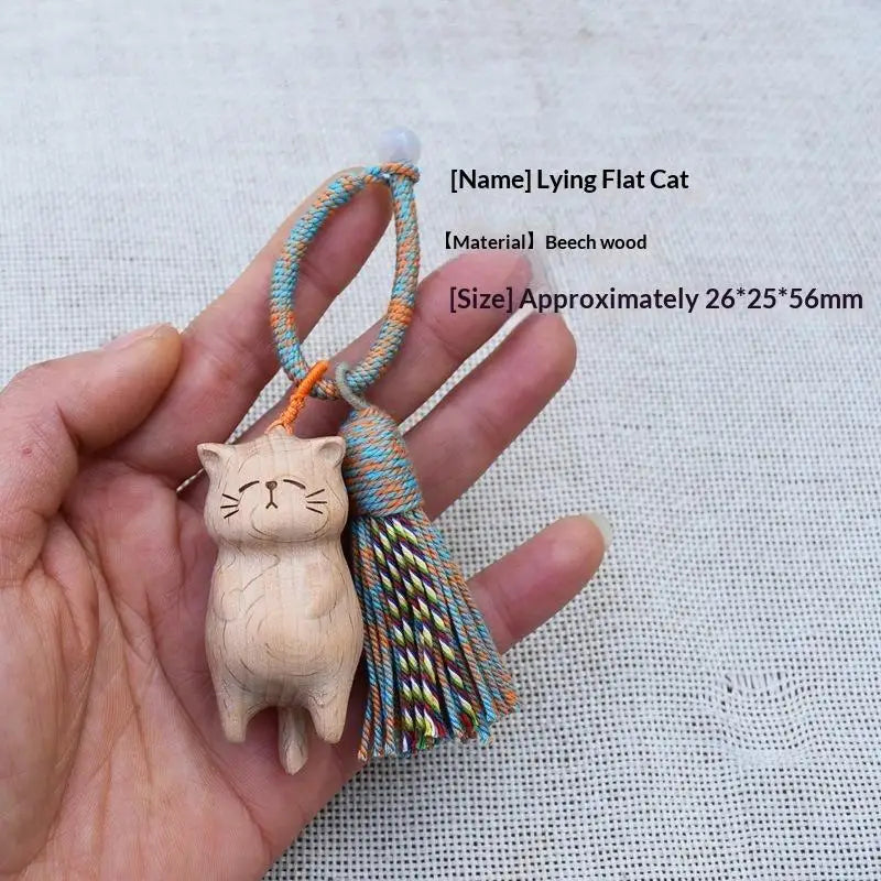 Cute Hand Carved Retro Cat Keychain Natural Wooden Kitty Tassel Charm Bag Pendant Unique Gift for Cat Enthusiasts