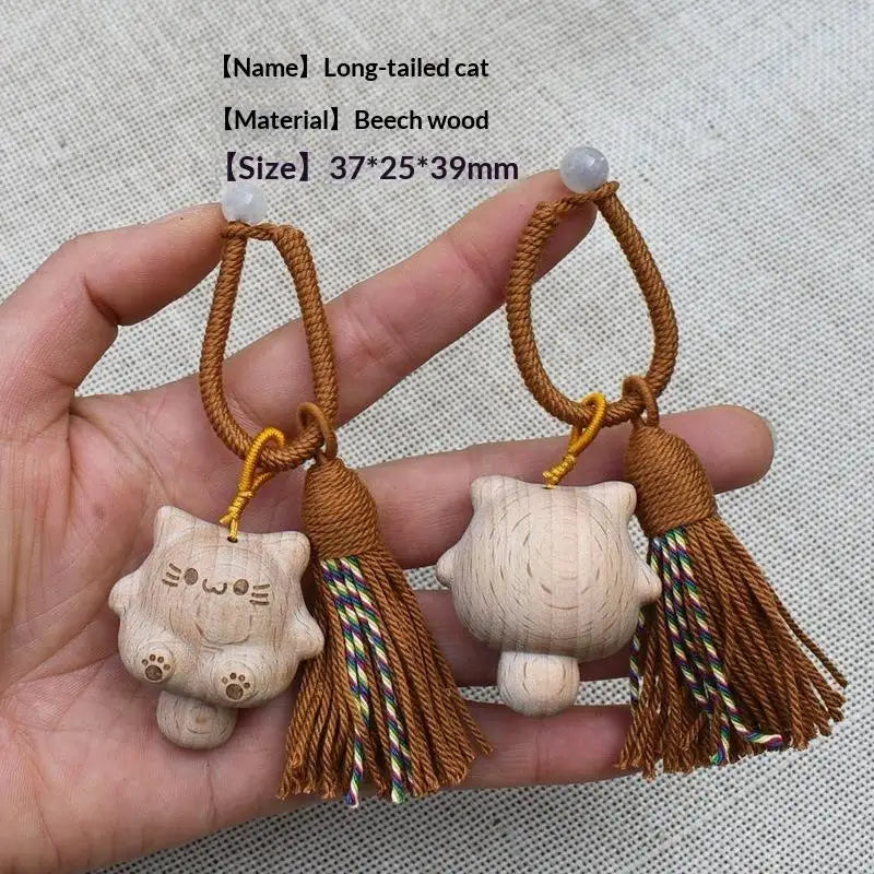 Cute Hand Carved Retro Cat Keychain Natural Wooden Kitty Tassel Charm Bag Pendant Unique Gift for Cat Enthusiasts