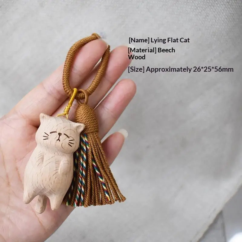 Cute Hand Carved Retro Cat Keychain Natural Wooden Kitty Tassel Charm Bag Pendant Unique Gift for Cat Enthusiasts