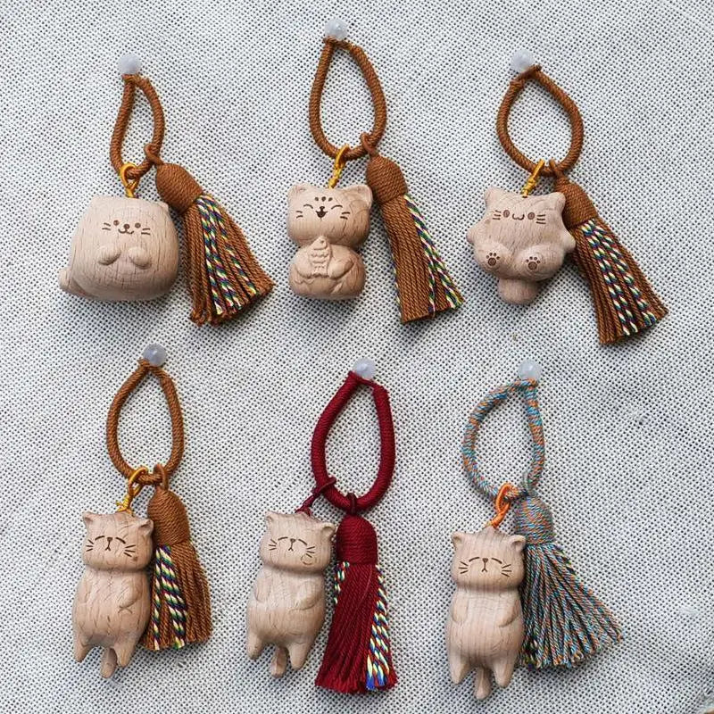 Cute Hand Carved Retro Cat Keychain Natural Wooden Kitty Tassel Charm Bag Pendant Unique Gift for Cat Enthusiasts