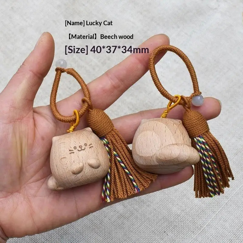 Cute Hand Carved Retro Cat Keychain Natural Wooden Kitty Tassel Charm Bag Pendant Unique Gift for Cat Enthusiasts