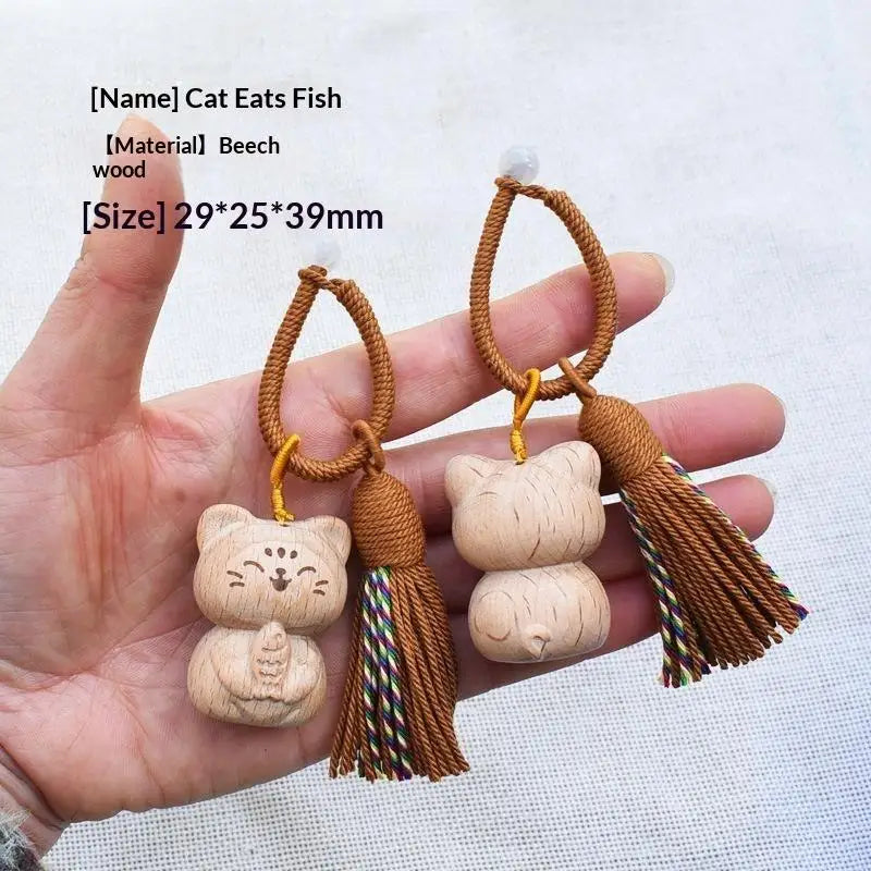 Cute Hand Carved Retro Cat Keychain Natural Wooden Kitty Tassel Charm Bag Pendant Unique Gift for Cat Enthusiasts