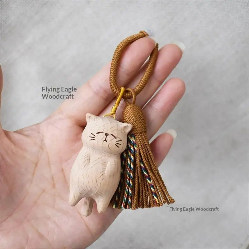 Cute Hand Carved Retro Cat Keychain Natural Wooden Kitty Tassel Charm Bag Pendant Unique Gift for Cat Enthusiasts