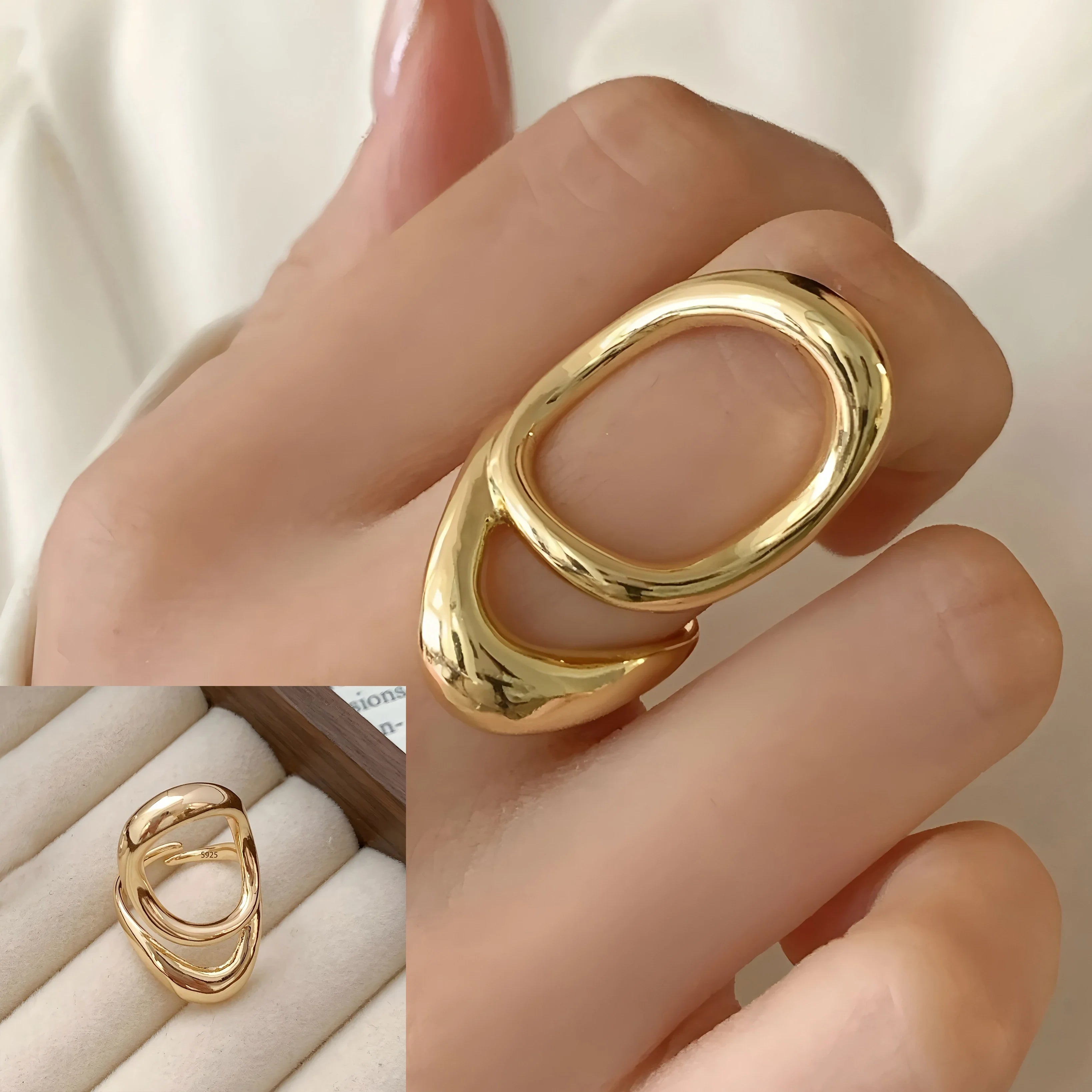 PANJBJ 925 Sterling Silver Thick Double Layer Ring for Women Girl Gift Minimalism Neutral Opening Wide Jewelry Dropshipping