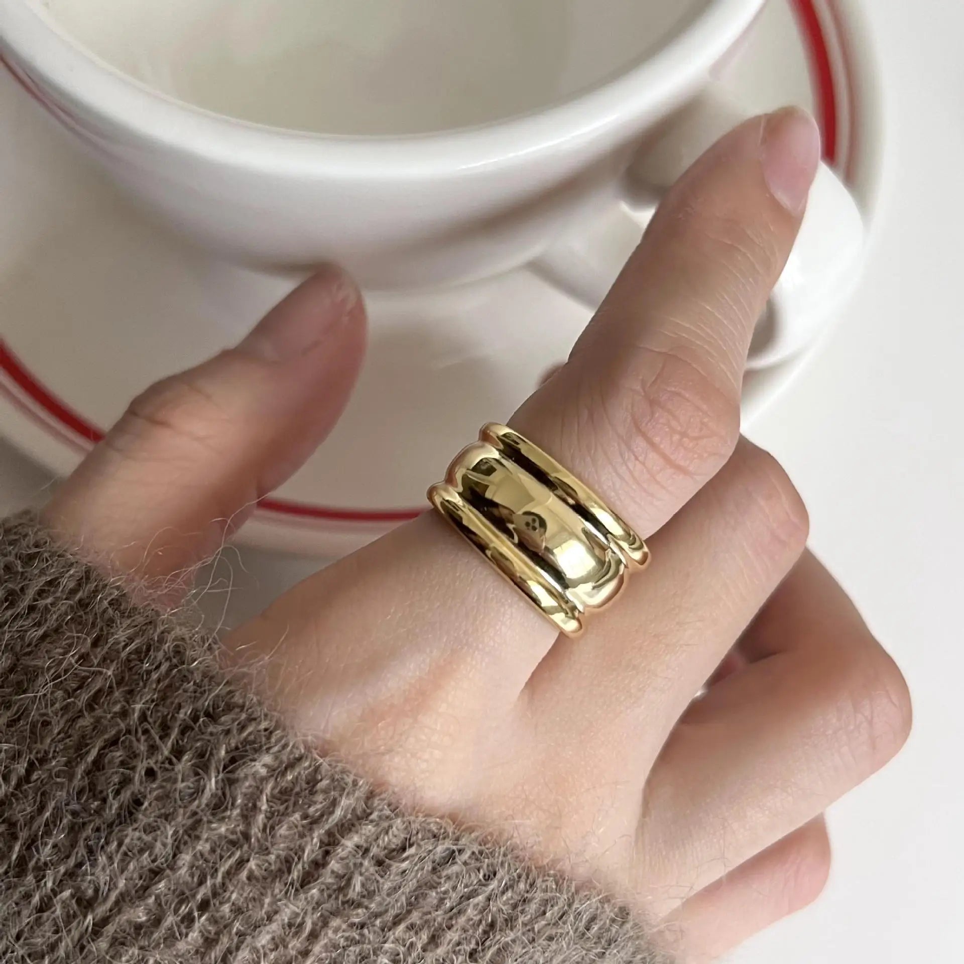 PANJBJ 925 Sterling Silver Thick Double Layer Ring for Women Girl Gift Minimalism Neutral Opening Wide Jewelry Dropshipping
